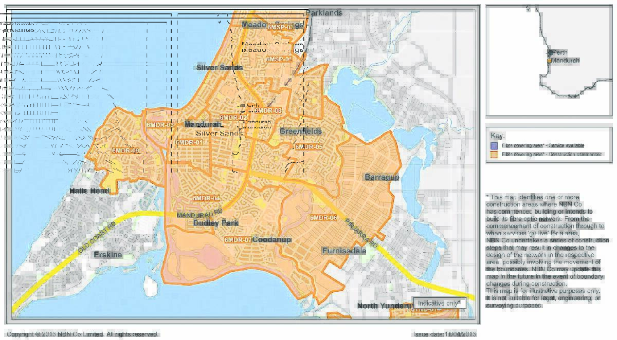 NBN on Tuesday released a map that shows NBN fibre will be rolled out to further parts of Greenfields in addition to Halls Head, central Mandurah, Secret Harbour, Golden Bay, Meadow Springs, Madora Bay, Singleton and San Remo, Coodanup, Barragup and Furnissdale.