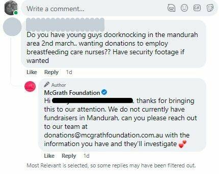 NO FUNDRAISERS: A Facebook comment from the McGrath Foundation responding to a concerned resident. Photo: Supplied.