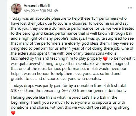 Facebook post acknowledging Bali Fest for their contribution to the first food drop on the Let's Help Bali page. Screenshot: Amanda Rialdi. 
