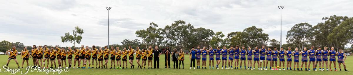 UNITED: The Pinjarra Tigers and the South Mandurah Falcons proudly displayed their new jumpers on Pinjarra's home turf. Photo: Shazza J Photography.