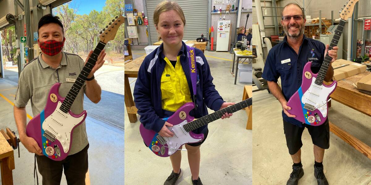 TEAMWORK: Duncan Sanders, year 11 student Elizabeth Davis and Mark Barritt were three of the people involved in building the guitar. Pictures: Supplied.