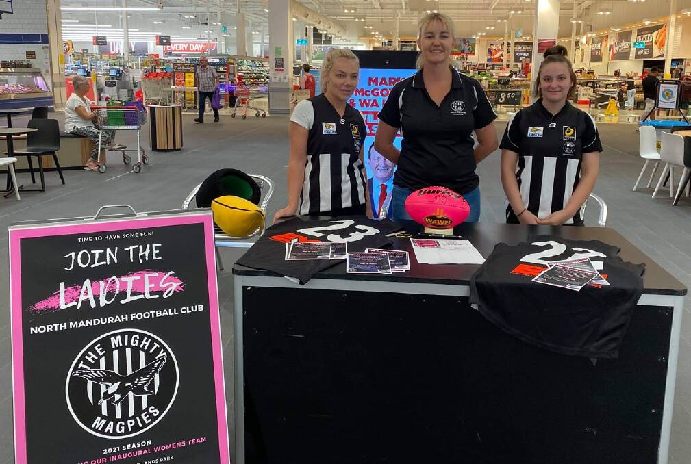 TEAMWORK: Club president Jody Elphinstone and team members are working hard to recruit members for the North Mandurah Football Club's first Women's AFL team. Photo: Supplied.