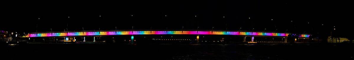 RAINBOW: The iconic Mandurah bridge will be lit up in rainbow colours on the weekend. Photo: Supplied.