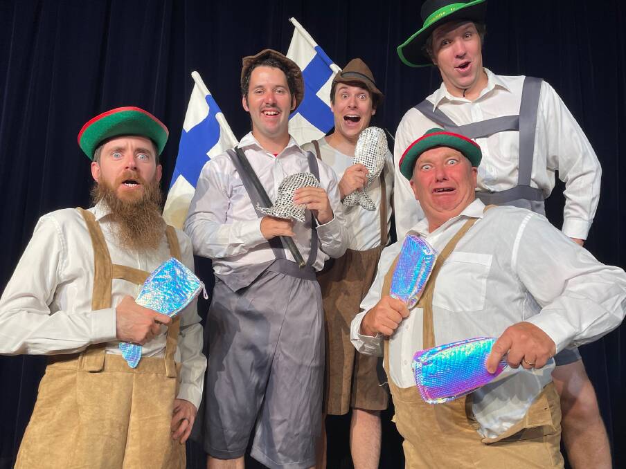 THEATRICAL FUN: Cast members Matthew Wake, Adian Mellor, Peter Rogers, Michael Caldwell and Rowan Creelman pose for a rehearsal snap. Photo: Supplied