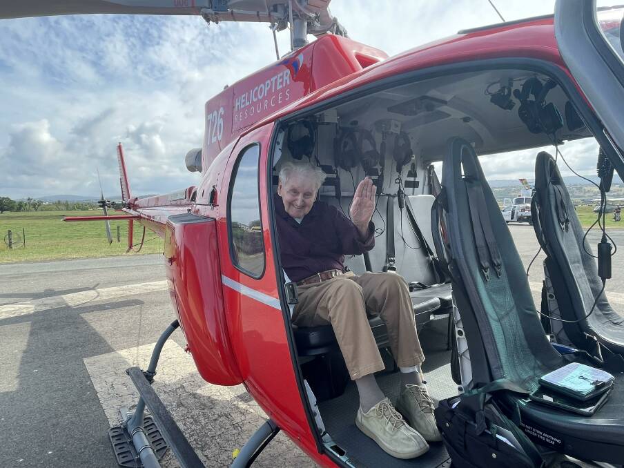 UP: 96-year-old RAAF veteran Harry Barrett ready for his first helicopter flight in Launceston. Picture: Andrew Chounding 