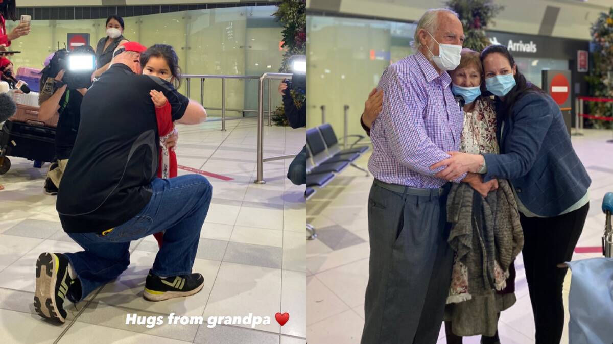 A grandfather and granddaughter are reunited (left) while another family embraces (right) at Perth Airport on March 3, 2022 after borders reopened. Photos: Perth Airport.
