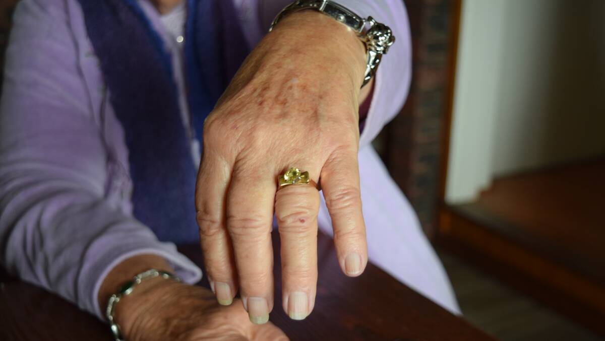 FOUND: The Sapphire ring given to Ms Graffin more than 60 years ago, returned to her hand. Picture: Perri Polson.