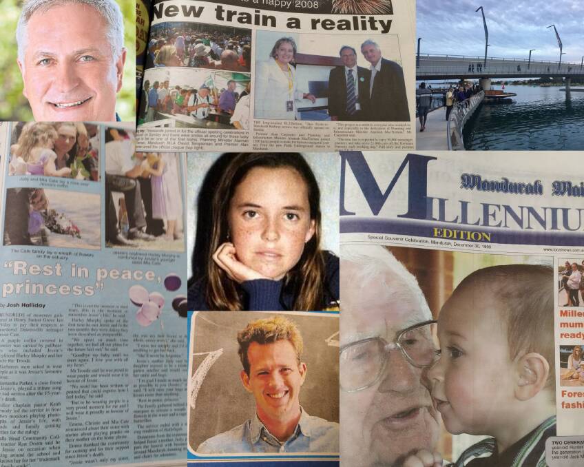 Some of the headline makers across the Mandurah Mail's 32-year history. Don Randall, Manudrah Train opening; new Mandurah Traffic Bridge; Jesse Cait tribute; Hayley Dodd; Rhys Williams; our first edition in the year 2000.
