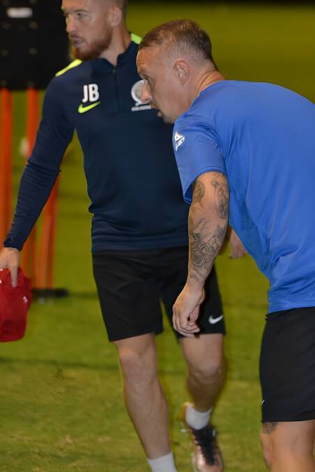 Mandurah City coach John Baird and marquee recruit Leigh Griffiths. Baird's friendship with Griffiths was key to the former Scotland striker signing with the club for 2023. Picture by Stuart Horton.