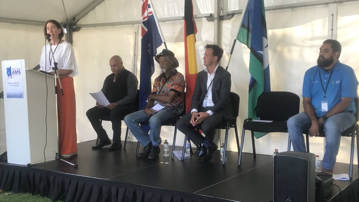Senator Sue Lines said it was powerful that an Aboriginal-controlled organisation was able to open an Aboriginal aged care service for the region to meet a very real need. She was joined at the event by Master of Ceremonies Kevin Kropinyeri, Winjan Aboriginal Corporation Chairperson Franklyn Nannup, Mandurah Mayor Rhys Williams and SWAMS Chairperson Ernie Hill (onstage) as well as many other dignitaries and local Aboriginal community members. Picture supplied.