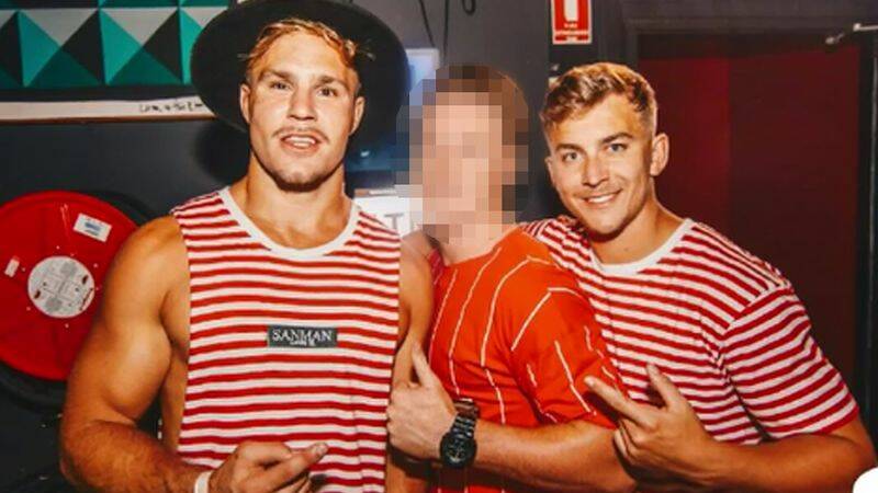 Dragons player Jack De Belin and friend Callan Sinclair on a pre-Christmas pub crawl in Wollongong. 