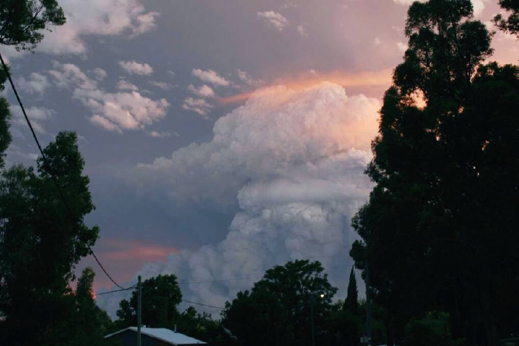 Pyrocumulonimbus cloud visible at 7.35pm on January 6 from Dwellingup, about
19 kilometres north of the headfire position. Photo: Allan Clarke, Parks and Wildlife
Dwellingup.