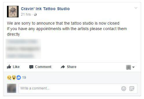 Customers reacted angrily to a post announcing the closure of the tattoo studio in comments that are now deleted. Photo: Facebook.
