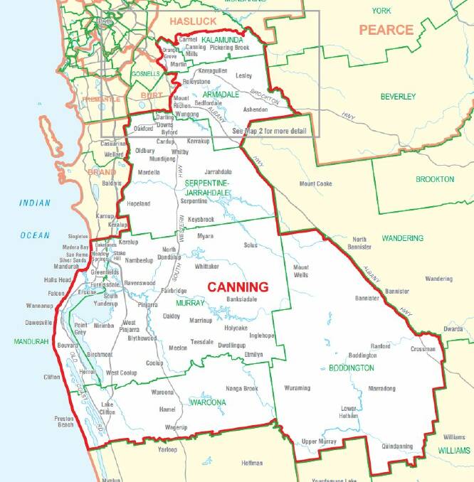 The federal electorate of Canning includes Mandurah, Pinjarra and the Peel region. Image: Australia Electoral Commission.