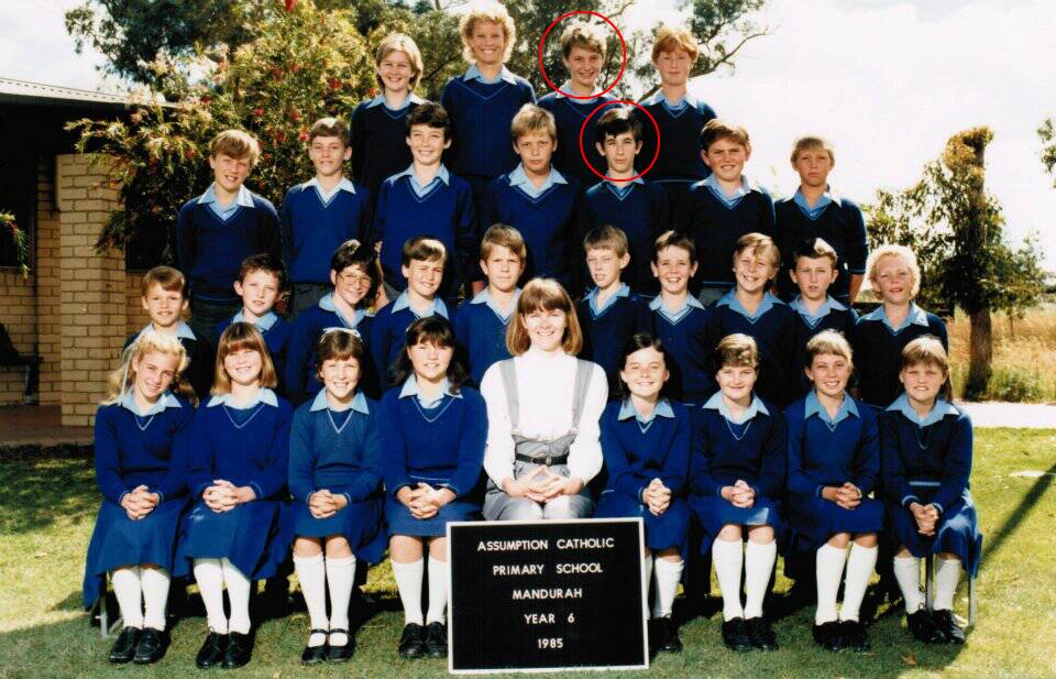 Old school: Mandurah Mail editor Kate Hedley and senior journalist Nathan Hondros in Year 6 at Assumption Catholic Primary School in 1985. Photo: Supplied.