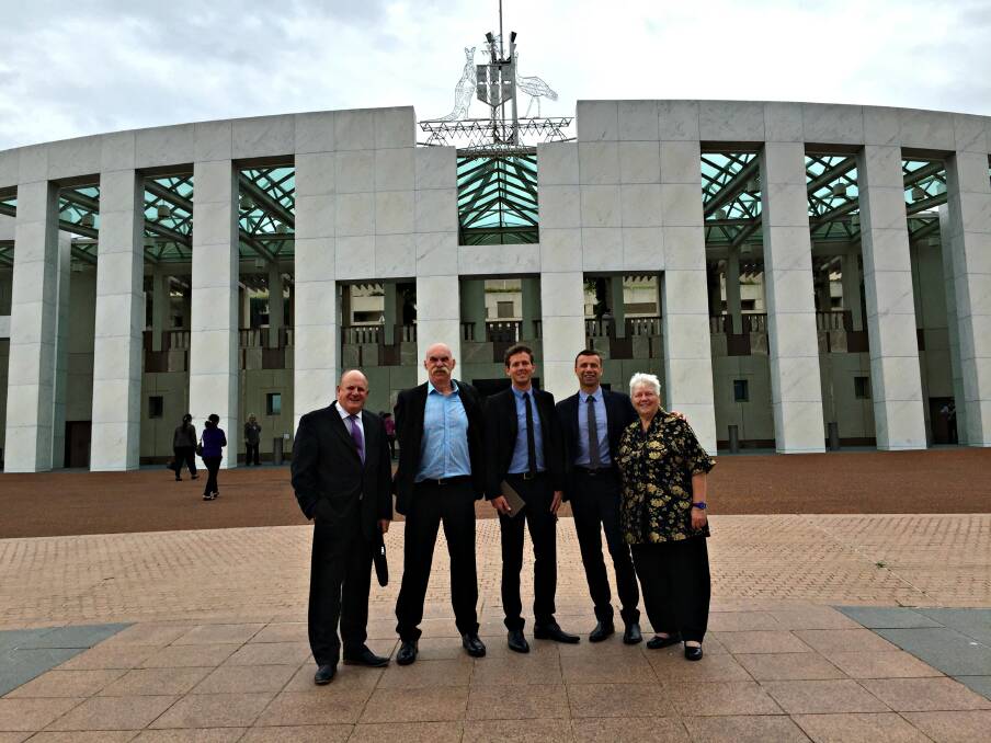 PDC chairperson Paul Fitzpatrick, RDA chief John Lambrecht, Rhys Williams, PDC chief Andrew Ward and RDA chairperson Paddi Creevey at Parliament House, Canberra. Photo: Supplied.