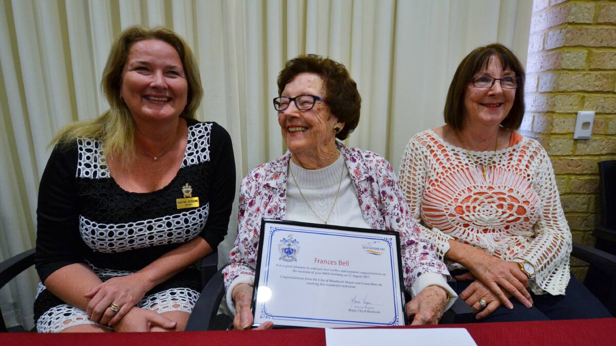 A Century: Mayor Marina Vergone, Frances Bell, 100, and Mrs Bell's daughter Rosemary Brown. Photo: Nathan Hondros.