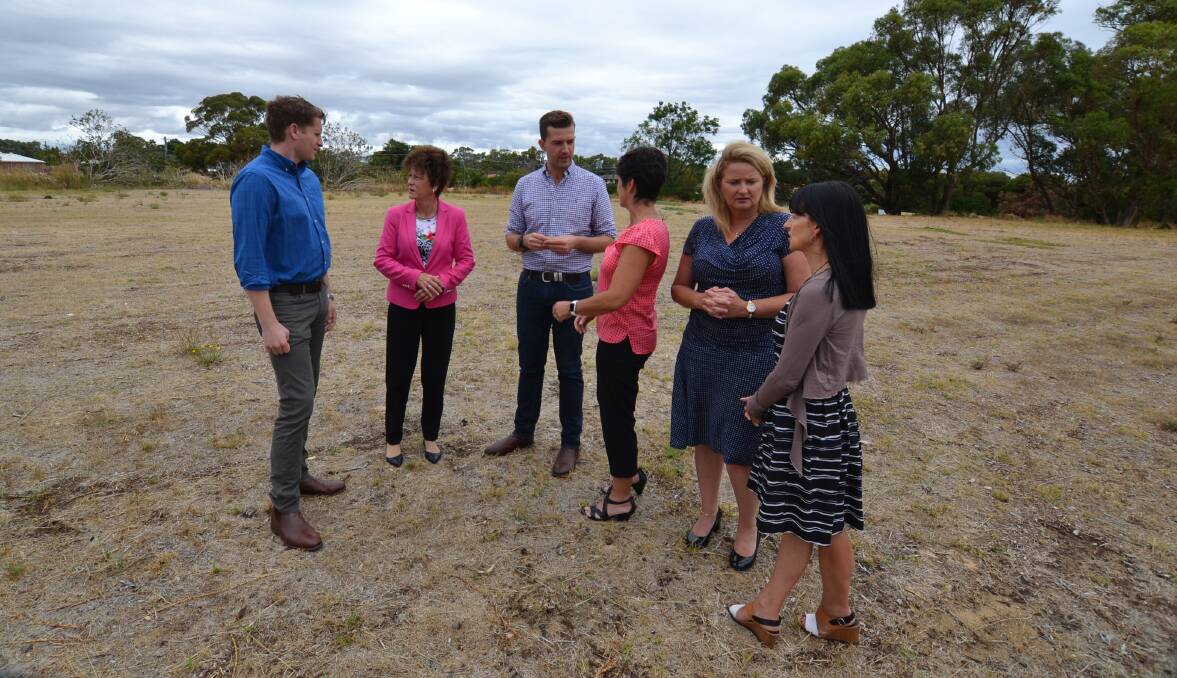 Health Hub: Canning MP Andrew Hastie, mental health minister Andrea Mitchell, Dawesville Liberal candidate Zak Kirkup, PYMS's Eleanor Britton, Mayor Marina Vergone and GP down south's Amanda Poller at the proposed site. Photo: Kate Hedley.