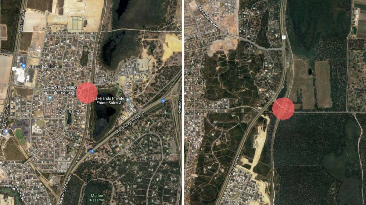 A tale of two stations: The site of the long-awaited Lakelands Trains Station (left) compared to the site of the station at Paganoni Road, Karnup, which is the next on the government's agenda. Photos: Google Maps.
