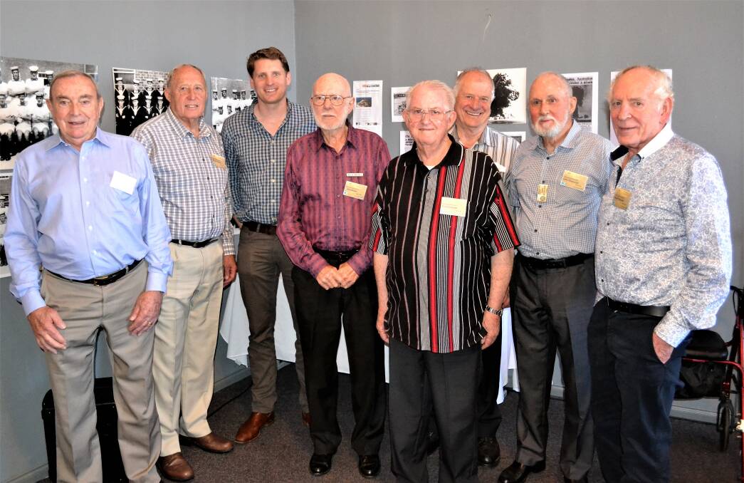 Recognised: Local veterans Colin Haigh, Bevan Pearce, Ken Dines, Tom Cornock, Arthur Bushe-Jones, John Duzevich and Geoff Becker with Canning MP Andrew Hastie.