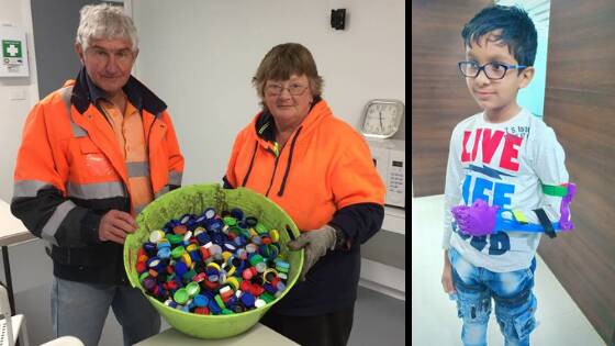 LIDS FOR KIDS: Ron King and Annette Dunn at Endeavour Industries with just a sample of some of the lids that have been donated so far for this great cause. INSET: A young boy from India who has benefited from the program. Photo: DAVID COLE. 