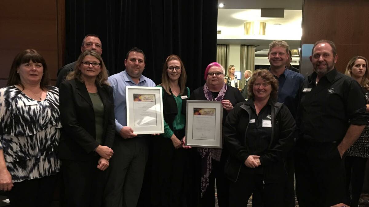 Awards: City of Mandurah Recreation Centres and Services staff Jo-Anne Prout, Wendy Murphy, Adrian Timms, Dale Christy, Joanne Dunn, Lesley Wilkinson, Wendy Cole, Craig Johnson and Paul Miller at the Parks and Leisure Australia 2016 Awards of Excellence, WA. Photo: City of Mandurah