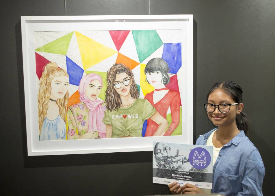 Better together: Mandurah's 14-year-old artist Ella Urielle Narido next to her watercolour and ink piece Harmony. Photo: Supplied.
