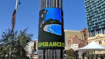 The 2019 Esperance #shoWcAse in Pixels Winning Design by Kimberley Morey on display on the giant screen in Yagan Square, in Perth.