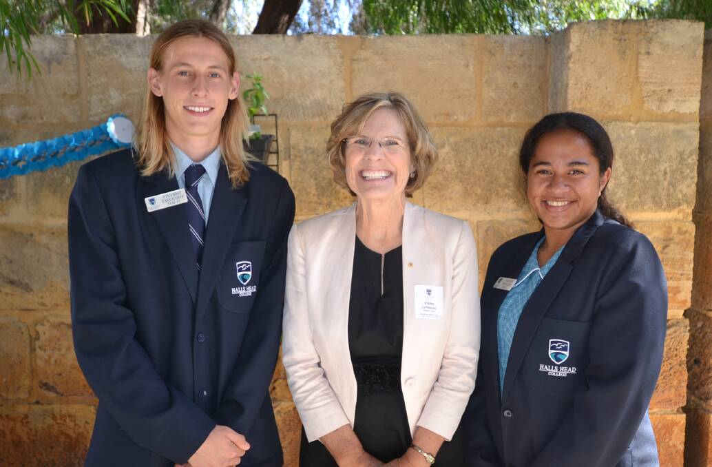 Leadership: New Halls Head College patron Lyn Beazley with two student councillors. Photo: Carla Hildebrandt.  