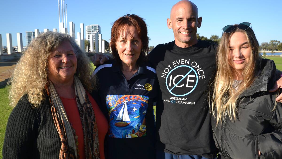 Mandurah Districts Rotary Club president Be Westbrook and district assistant governor Marg Pantall with Anti-ice campaign representatives Jay Birch and Talia Simpson-Birch.