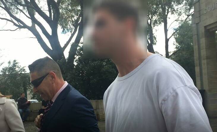 Lachlan Steven Boogaard-Mitchell leaving the Mandurah Magistrates Court with his lawyer Malcolm Ayoub on Friday morning.