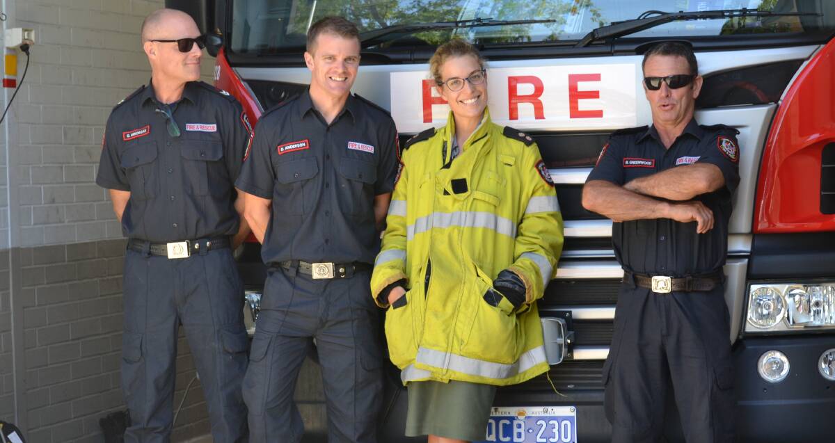 Mandurah Fire and Rescue firefighters with Mandurah Mail journalist Carla Hildebrandt. 