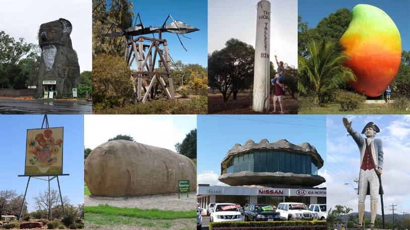 CROWNING GLORY: The eight remaining big things in the quarter finals are the Big Koala, the Big Ant, the Tallest Bin, the Big Mango, the Big Easle, the Big Potato, the Big Oyster and the Captain Cook statue. Pictures: Supplied/Wikicommons
