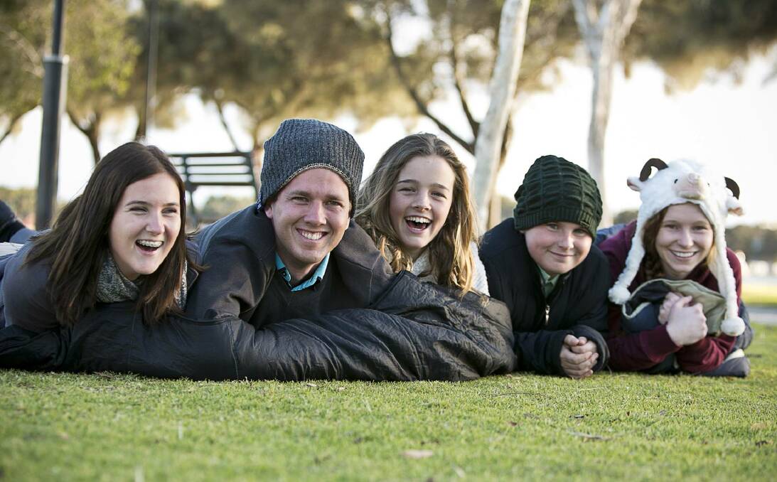 Youth on Leadership participants Holly Buglass, Rhys Williams, Emma Lyons, Jack Sharman and Georgia Sharman prepare for the Youth Sleep-out for homelessness in 2012. Photo: Supplied.