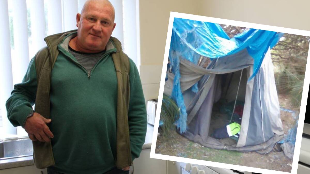 Steve Flavel in his home and his previous home (inset). Main photo: Claire Sadler.