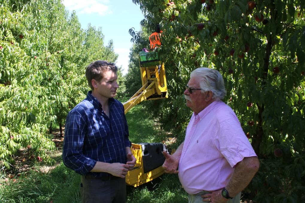 Farming grants: Andrew Hastie with orchardist Tom Price. Photo: supplied. 