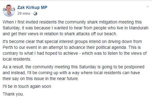 Mr Kirkup's statement posted on the the Shark Mitigation Community Meeting event’s Facebook page. 