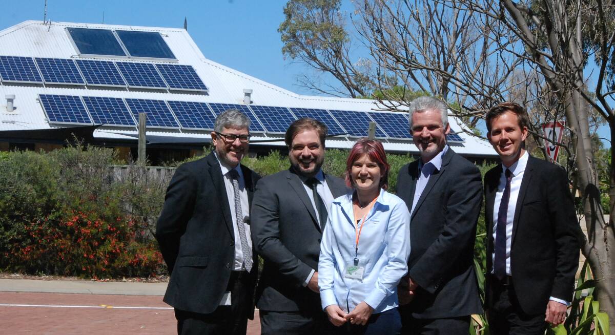 The City of Mandurah team: Chief executive officer Mark Newman, manager of environmental services Brett Brenchley, energy efficiency officer Karin Wittwer, sustainable communities director Tony Free and mayor Rhys Williams. Photo: Caitlyn Rintoul/Fairfax Media. 