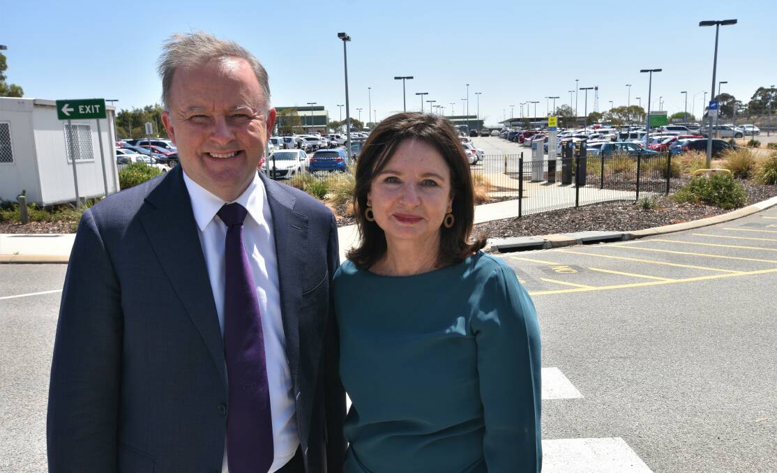 Federal shadow minister for infrastructure, transport, cities and tourism Anthony Albanese with Labor's Canning candidate Mellisa Teede. Photo: Caitlyn Rintoul.