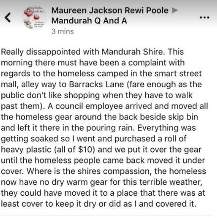 The status posted on a popular Mandurah community Facebook page. 