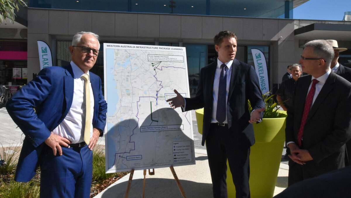 Canning MP Andrew Hastie with former prime minister Malcolm Turnbull when the $2 million federal funding for the Lakelands Train Station business case was announced. Photo: Amy Martin.