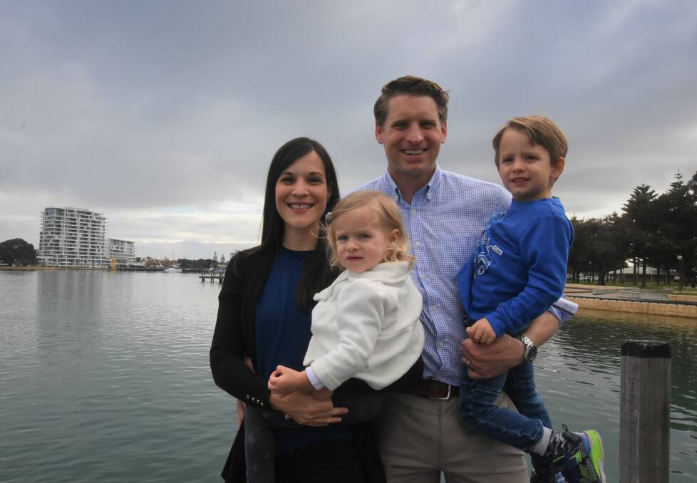 Re-elected: Canning's incumbent MP Andrew Hastie with his wife Ruth and their children Jonathan and Beatrice along Mandurah's eastern foreshore. Photo: Caitlyn Rintoul.