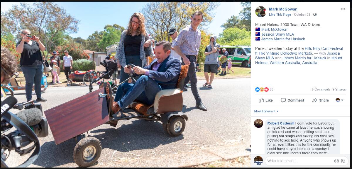 A Facebook post of the inaugural Hills Billy Cart Festival at Mount Helena by Mark McGowan. Photo: Mark McGowan/Facebook.