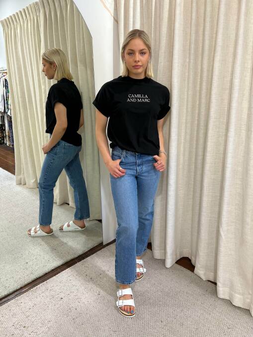 South-west model Sienna Haffner in Camilla and Marc black tee, Nobody Denim jeans and Birkenstock shoes at Life & Soul Boutique at Bunbury. Picture supplied