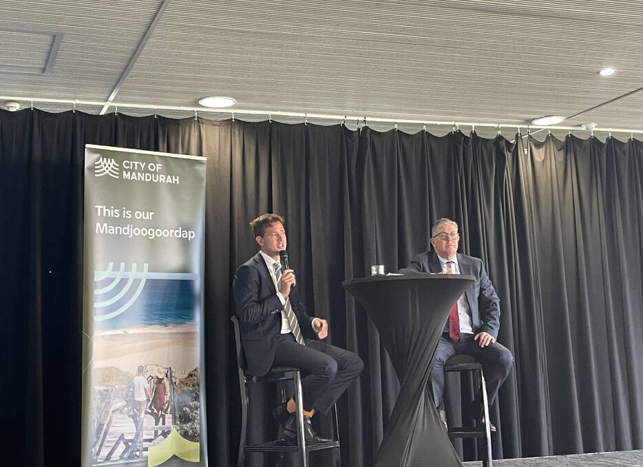 City of Mandurah mayor Rhys Williams and chief executive Mark Newman discussing the draft 2022/23 budget. Picture: Claire Sadler.