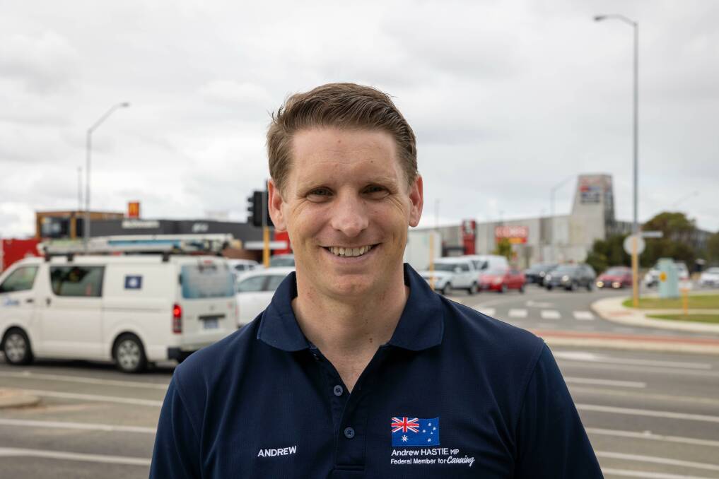 Election commitment: Canning MP Andrew Hastie at the Lakelands intersection near where the bridge will be installed. Picture: Supplied.