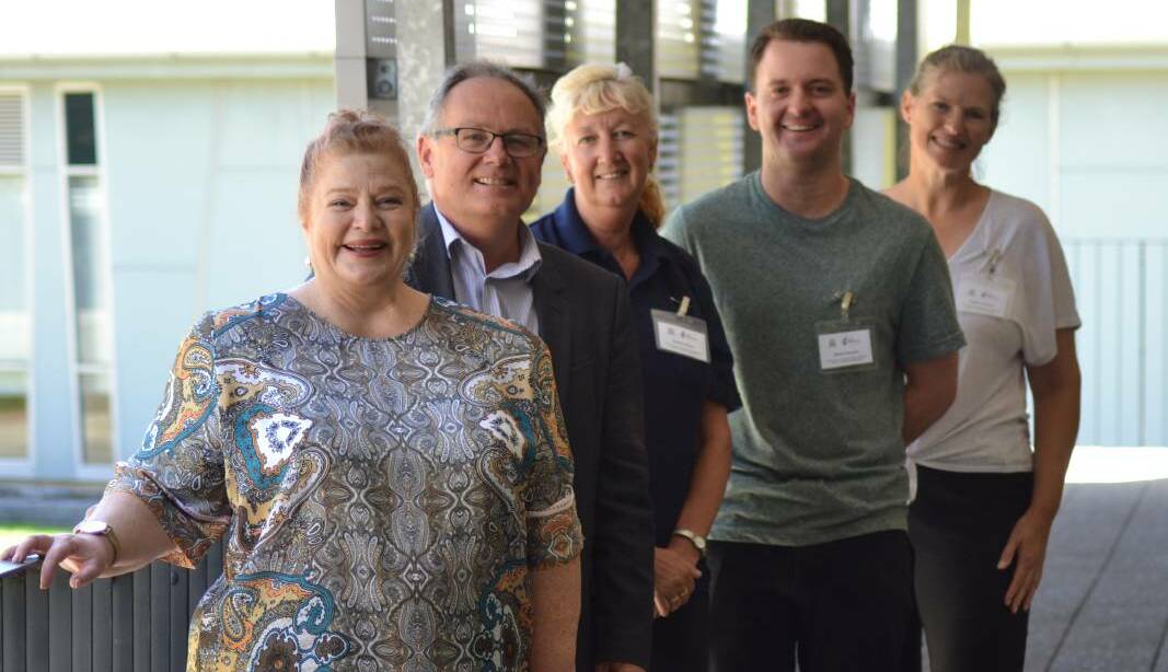Education minister Sue Ellery, Mandurah MP David Templeman and Certificate III in individual support students Debbie Oliver, James Duncan and Jo Penning. Photo: Justin Rake. (Note: This photo was taken prior to social distancing restrictions.)