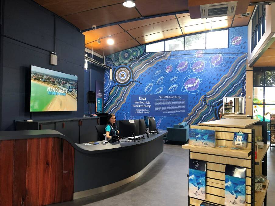 The mural by Peta and Corey Ugle is the first thing you notice when you walk into the Mandurah Visitor Centre. Photo: Supplied.