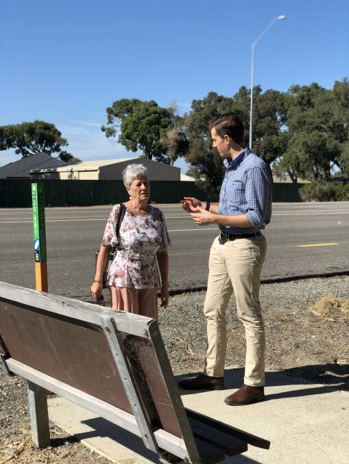 When lobbying for safer bus stops on Old Coast Road in 2018, Wannanup resident Jill Fields told Dawesville MP Zak Kirkup she was worried about slipping. Photo: Supplied.
