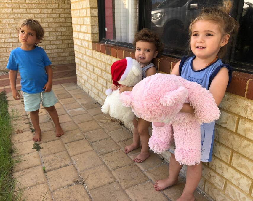 Three-year-old Jasper Cooper of Herron, 3-year-old Harlow Pollett and 2-year-old Oakley Pollett of Ravenswood get their bears ready to go in the window. Photo: Daniela Cooper